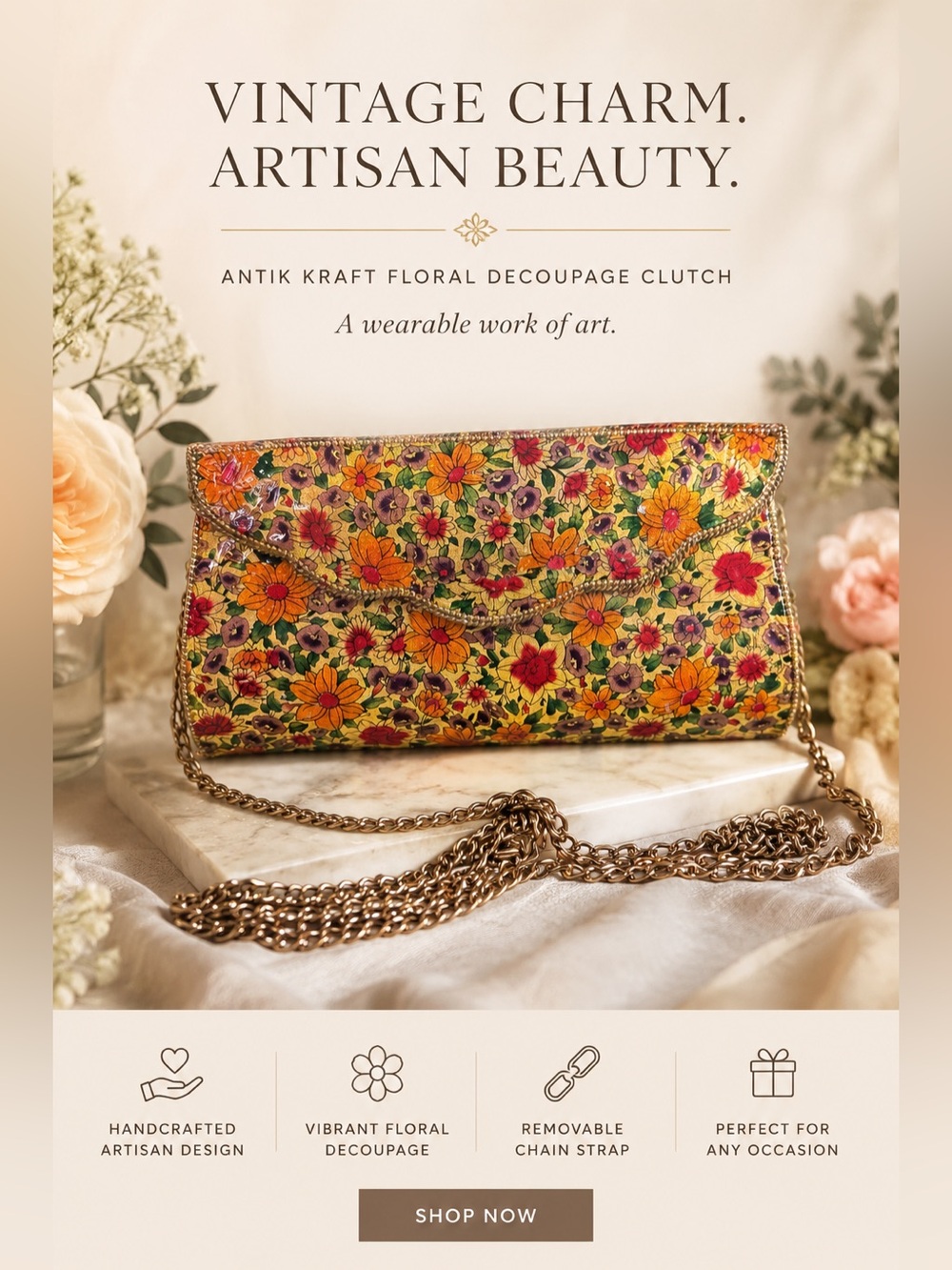 Vintage Antik Kraft Floral Decoupage Clutch Crossbody Chain Bag Boho Gold - Picture 1 of 11